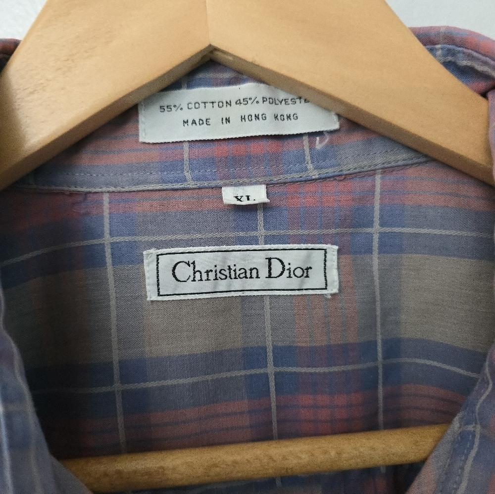 Vtg 60s 70s Christian Dior Shirt Size XL Checkered Hong Kong *stained* - Picture 3 of 8